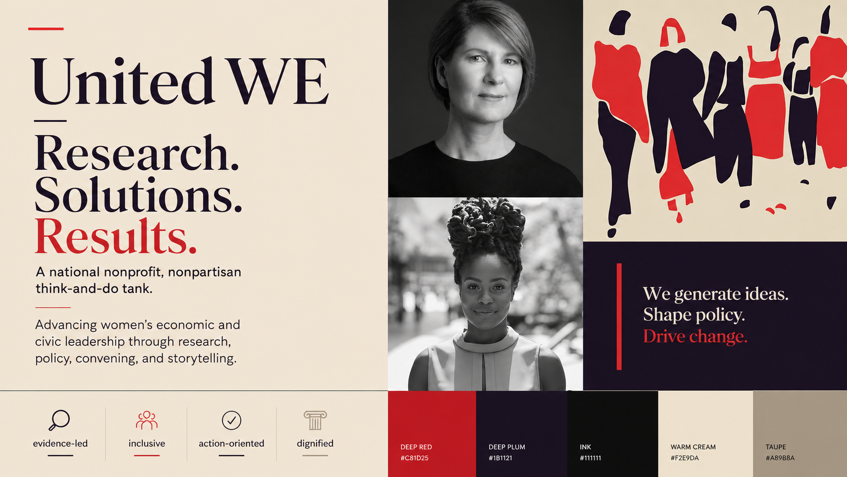 United WE research, solutions, and results brand concept artwork